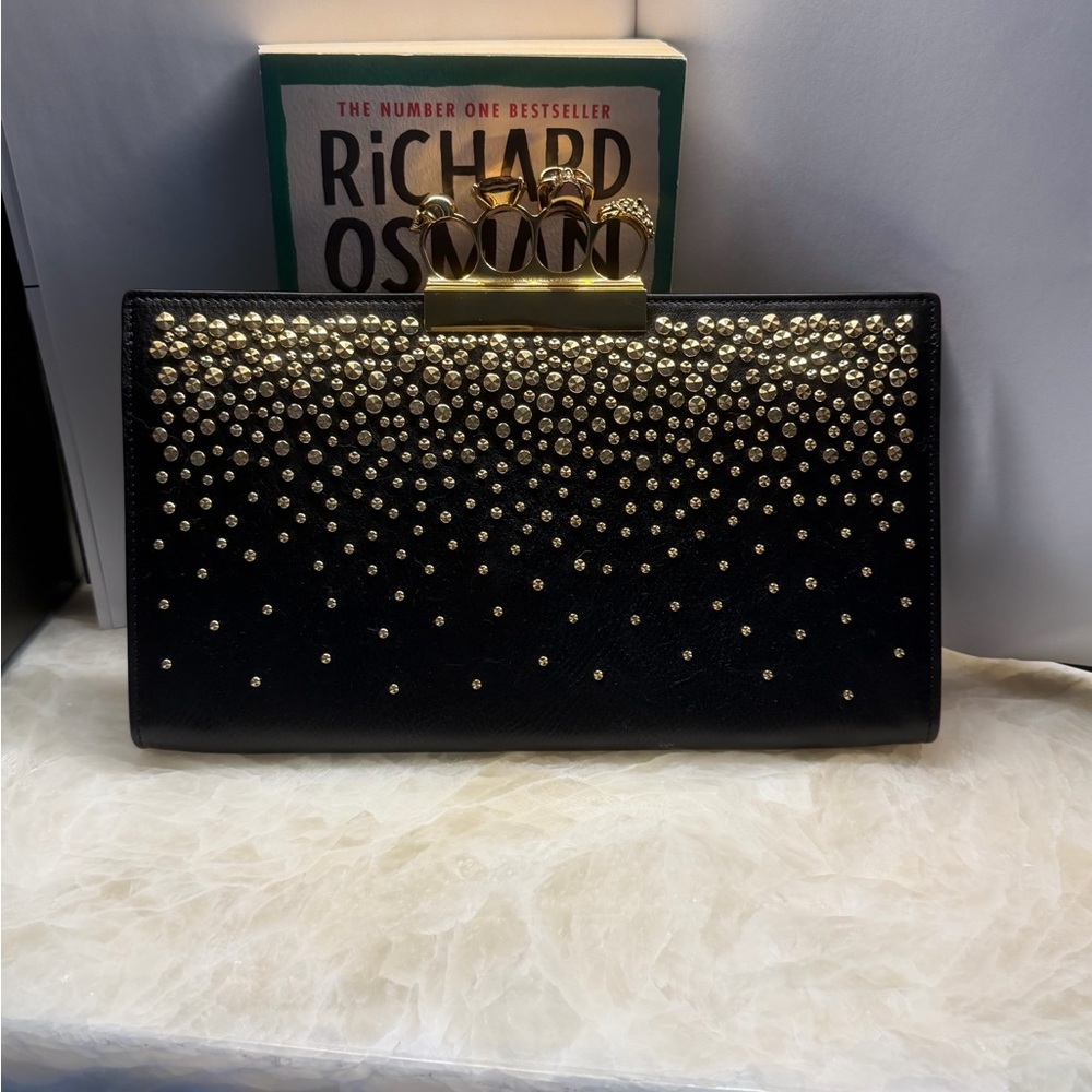 Alexander McQueen Studded Black Clutch with Gold Knuckle-Handle